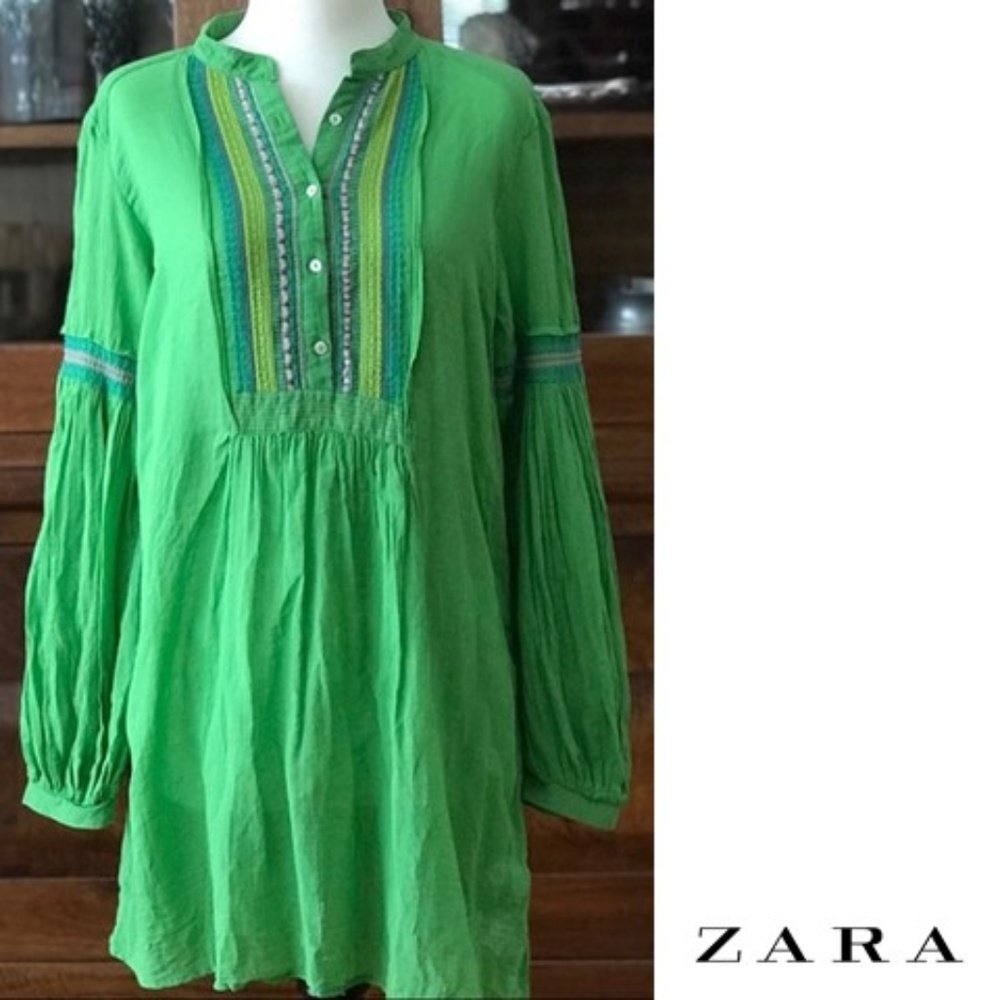 ZARA BASIC boho green, embroidered tunic dress.
